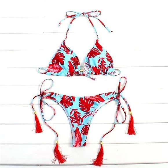 Floral bikini with tassels and Brazilian bottom - Picture 3 of 7